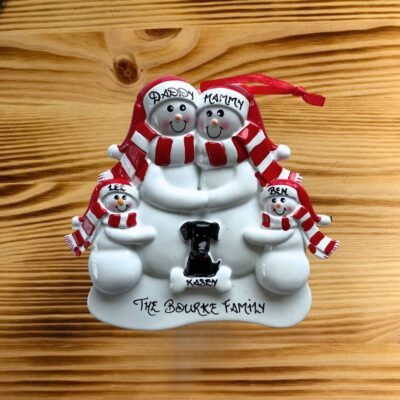 Snow Family 4 with 1 Black Dog Personalised Christmas Ornament